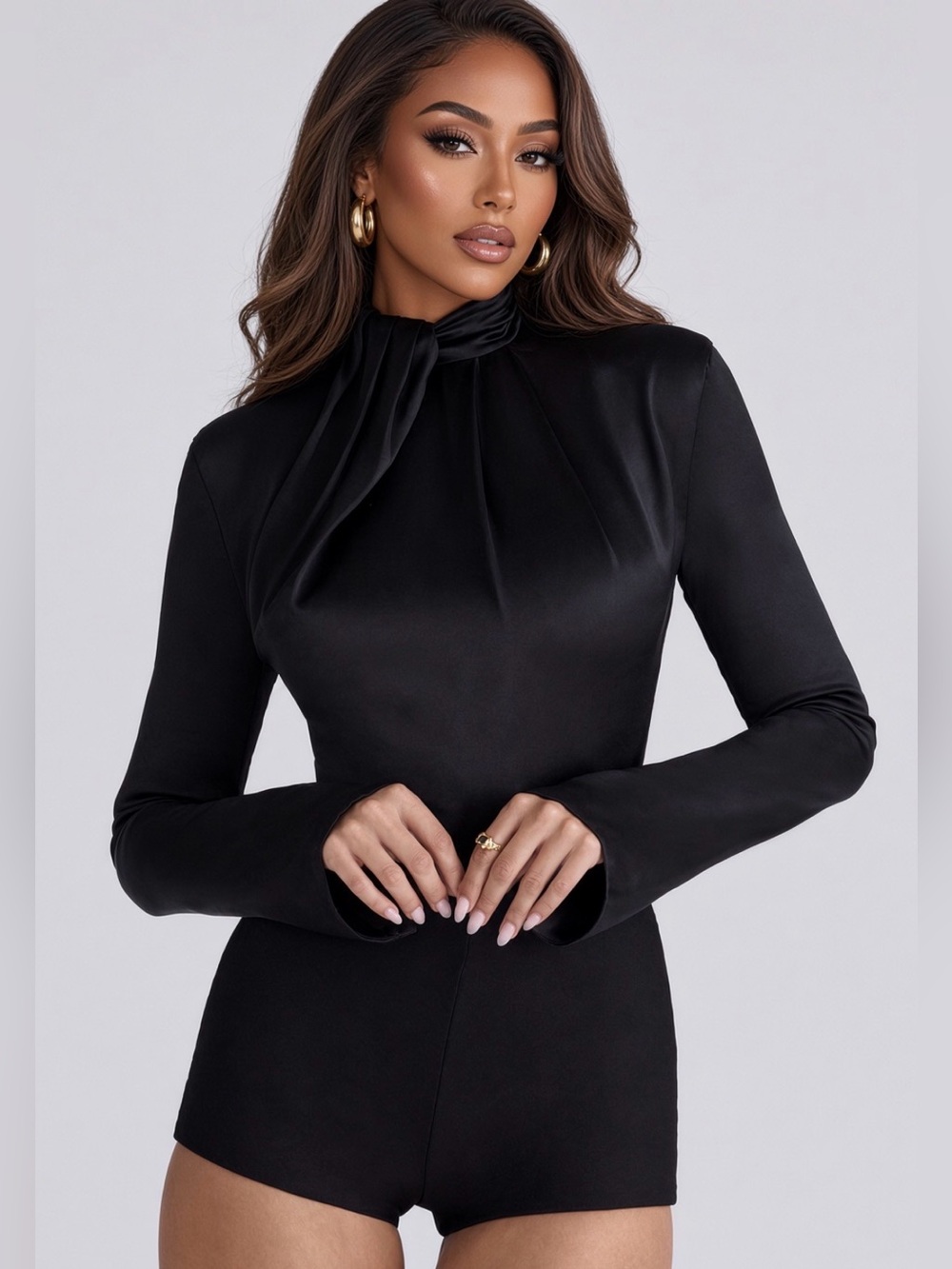 HOUSE OF CB 'Neneh' Black Satin HighNeckLongSleeveBodysuit/Size S-US 4-6 $149